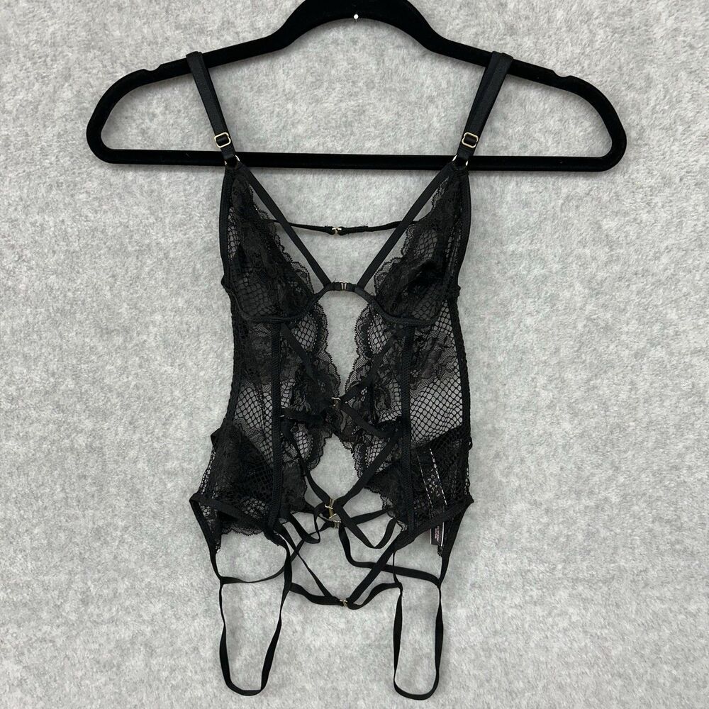 Victoria's Secret Black Gold Metallic Floral Lace Strappy Teddy Bodysuit Small